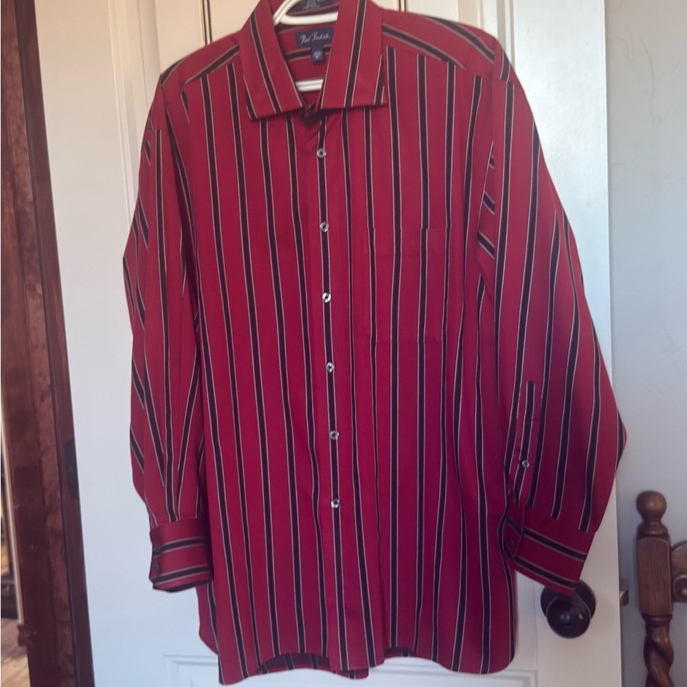 Paul Frederick 100% Finest Long Hand Staple Cotton Red & Black Striped Shirt.